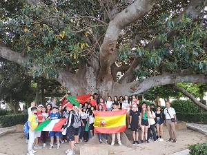 Foto di gruppo di tutti i partecipanti con le 3 bandiere nazionali sotto un enorme ficus a Cadice